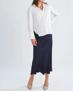 Amelia Elegant Satin-Finish White Maternity Work Shirt