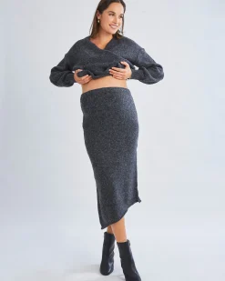 Amélie's Enchanting Allure Asymmetrical Knit Midi Skirt -Charcoal