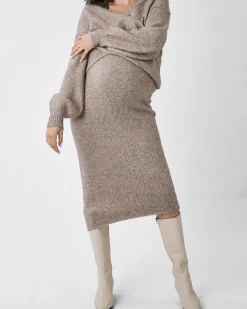 Amélie's Enchanting Allure Asymmetrical Knit Midi Skirt -Taupe