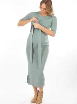 Annabella Knit Maternity Midi Dress in Sage Green