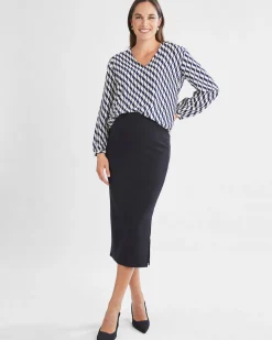 Ashley Geometric Wave-Print V-Neck Long-Sleeve Blouse