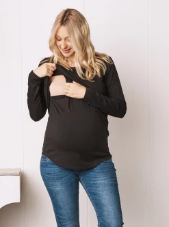 Bamboo Cotton Long Sleeve Maternity Top in Black