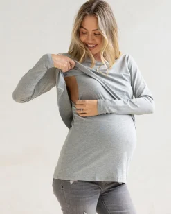 Bamboo Long Sleeve Maternity and Nursing Top - Grey Marl