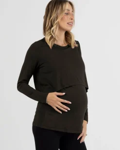 Bamboo Long Sleeve Maternity and Nursing Top in Black