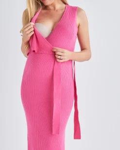 Barbara Knit Maternity Midi Dress in Candy Pink