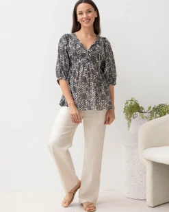 Black Daisy Print Cotton Tunic Top