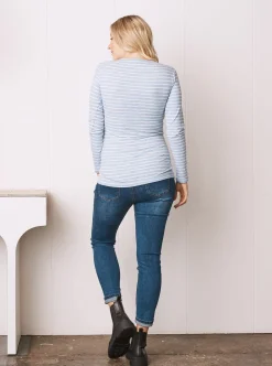 Blue Striped Long Sleeve Nursing Cotton Top