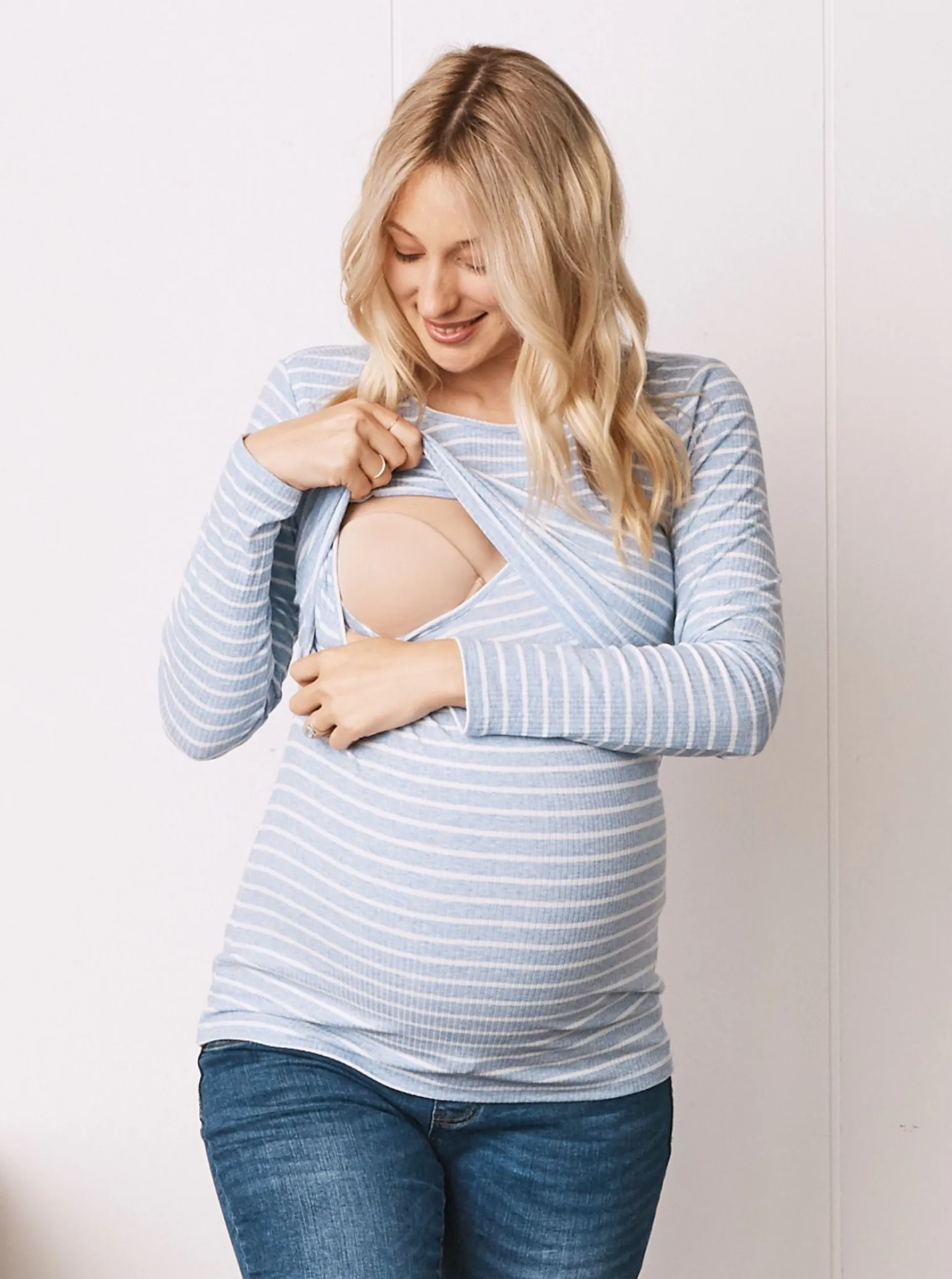 Blue Striped Long Sleeve Nursing Cotton Top