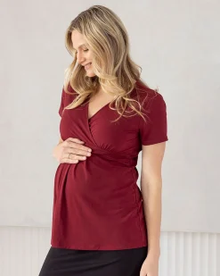 Bree Crossover Black Maternity Work Top in Burgundy