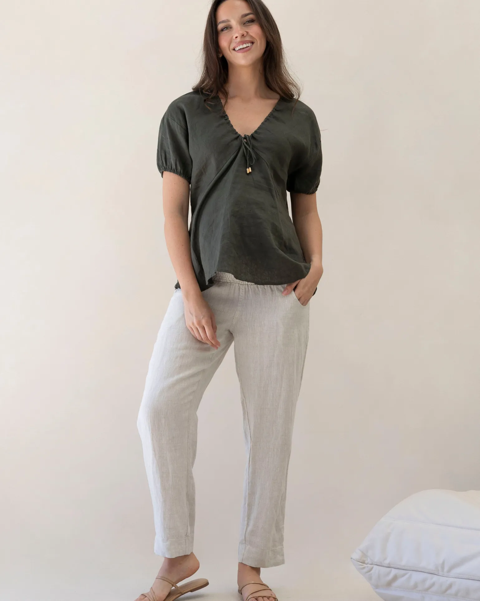 Brigitte Maternity Linen Blouse - Khaki Green