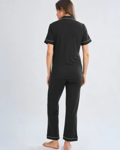 Button Front Short Sleeve Black Maternity & Nursing Pajama Set