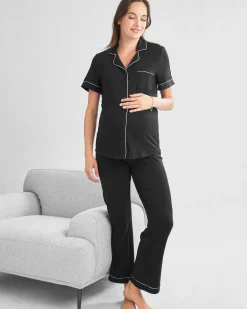 Button Front Short Sleeve Black Maternity & Nursing Pajama Set