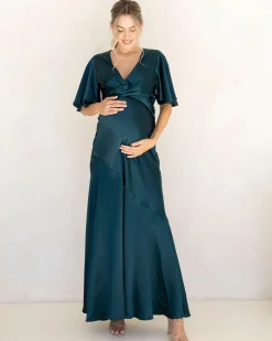 Camille Maternity V Neck Evening Dress in Hunter Green