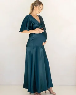 Camille Maternity V Neck Evening Dress in Hunter Green