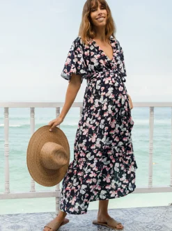 Cara Navy Floral Print Baby Shower Maternity Dress