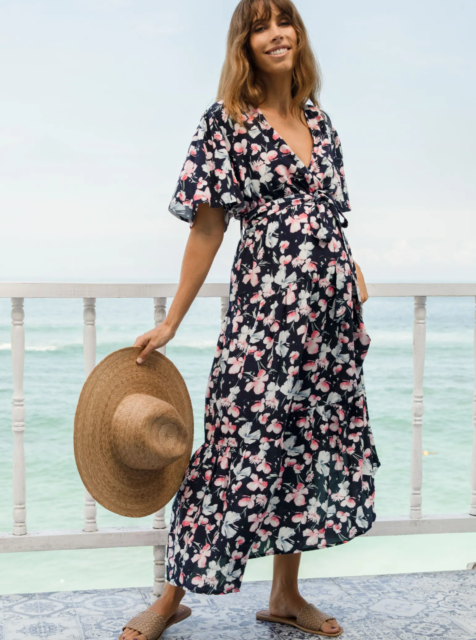Cara Navy Floral Print Baby Shower Maternity Dress