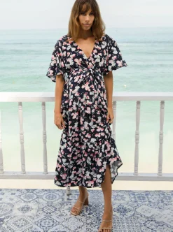Cara Navy Floral Print Baby Shower Maternity Dress