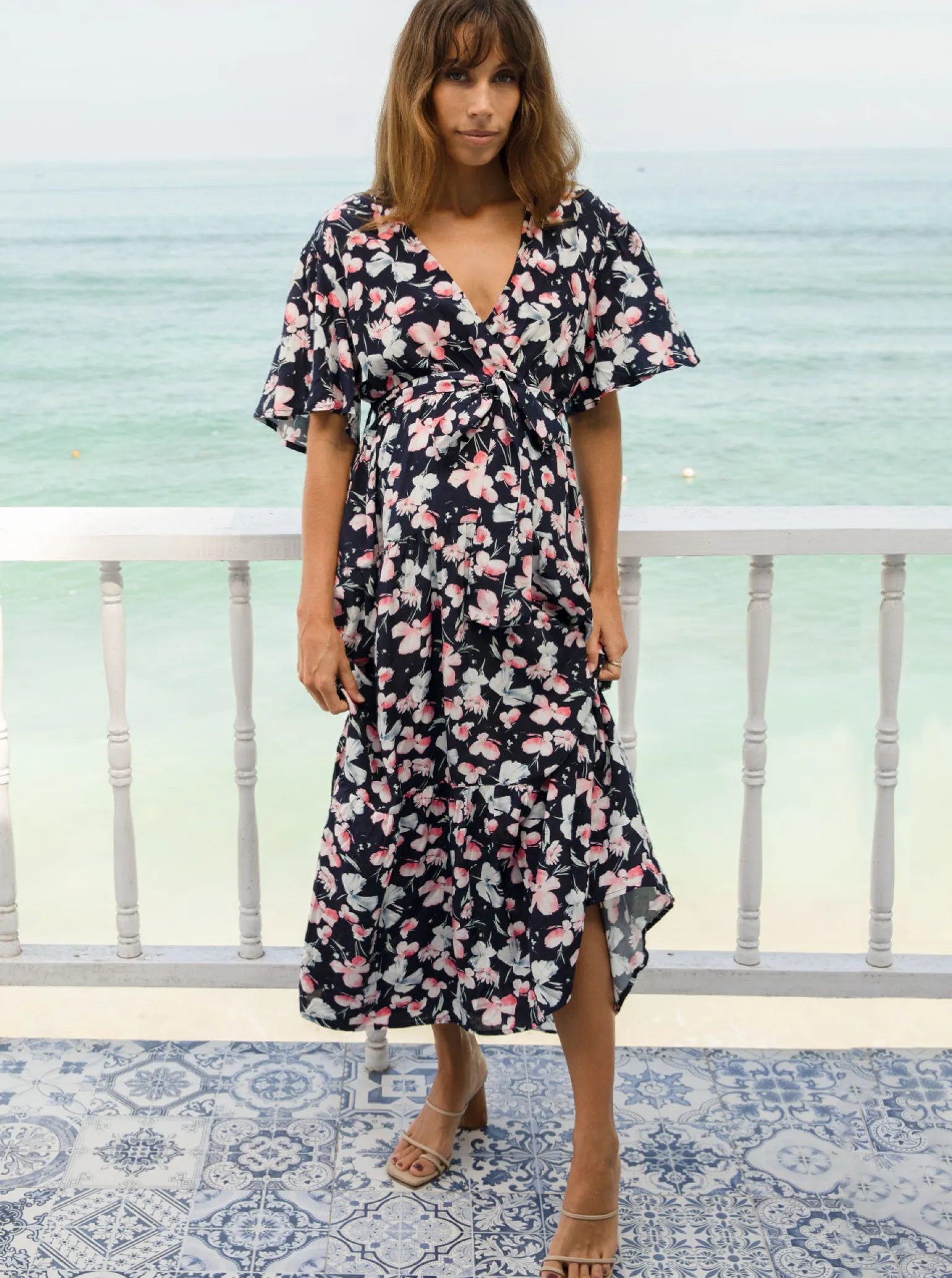 Cara Navy Floral Print Baby Shower Maternity Dress