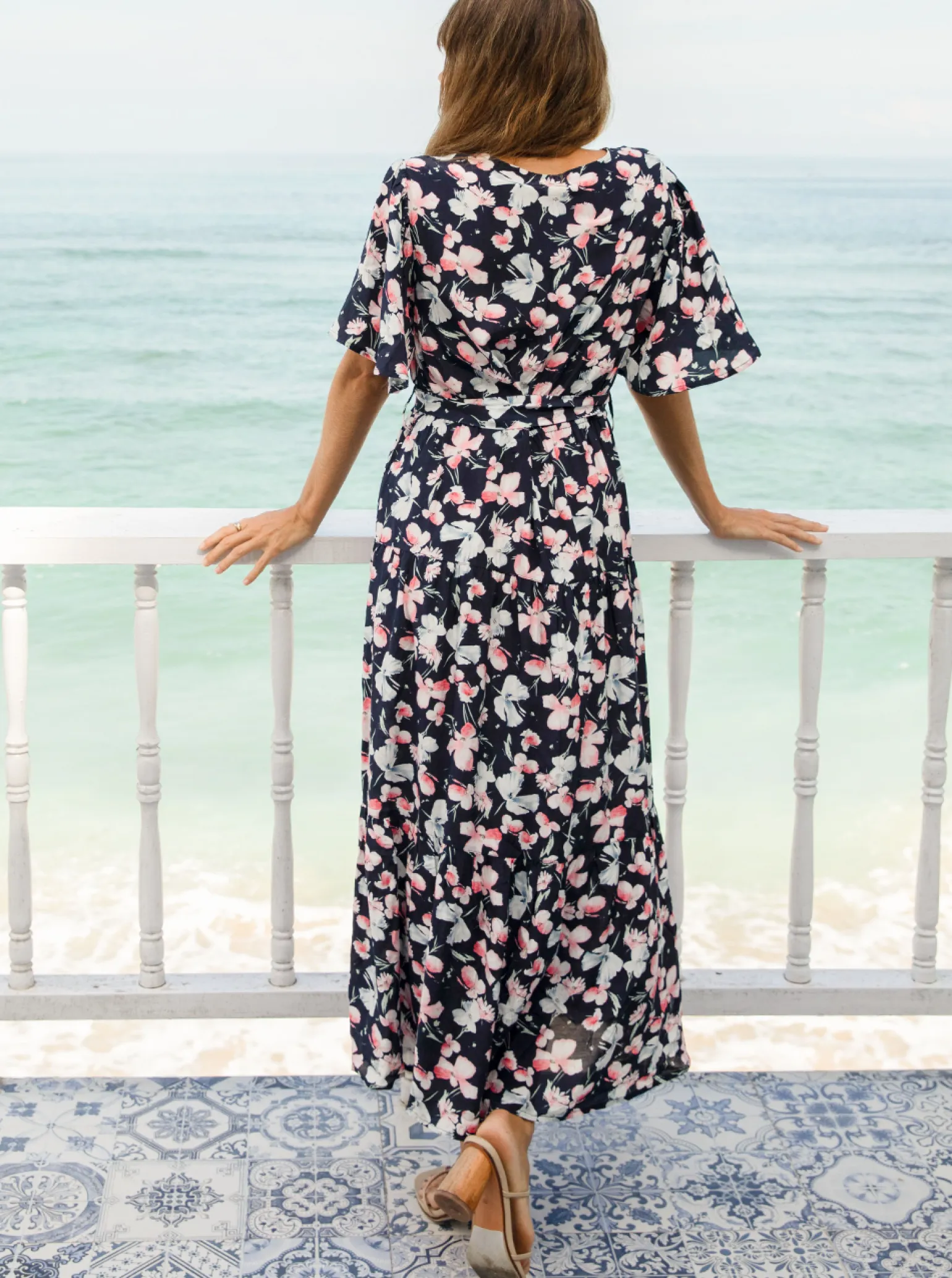 Cara Navy Floral Print Baby Shower Maternity Dress