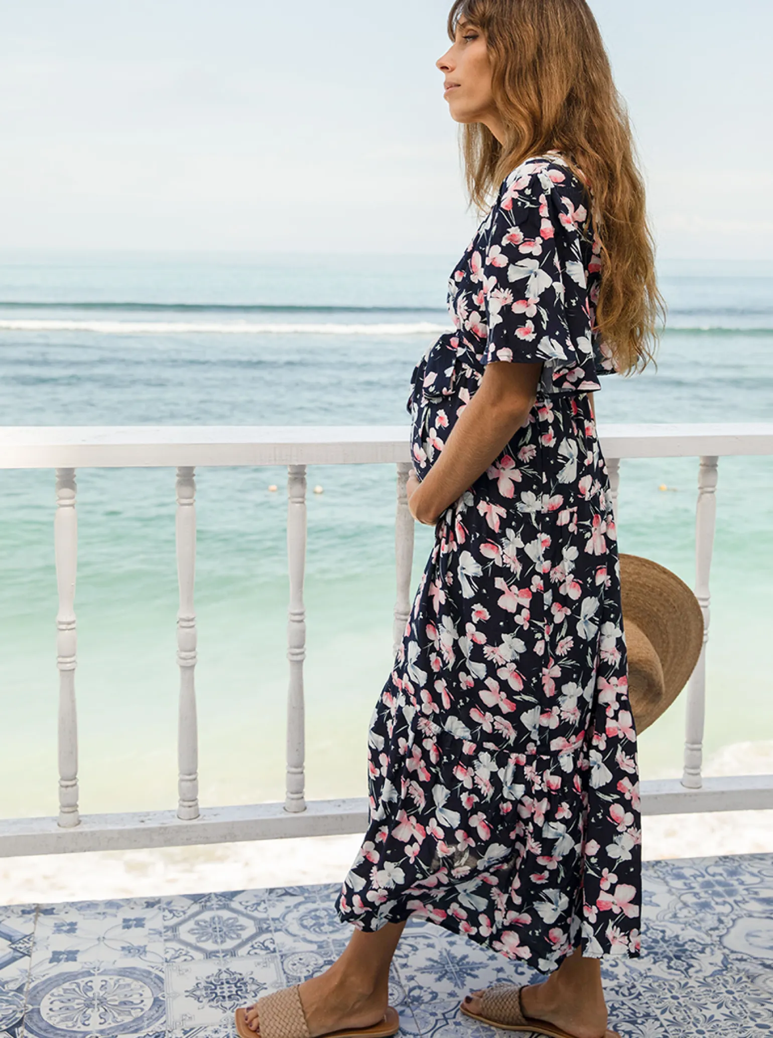 Cara Navy Floral Print Baby Shower Maternity Dress