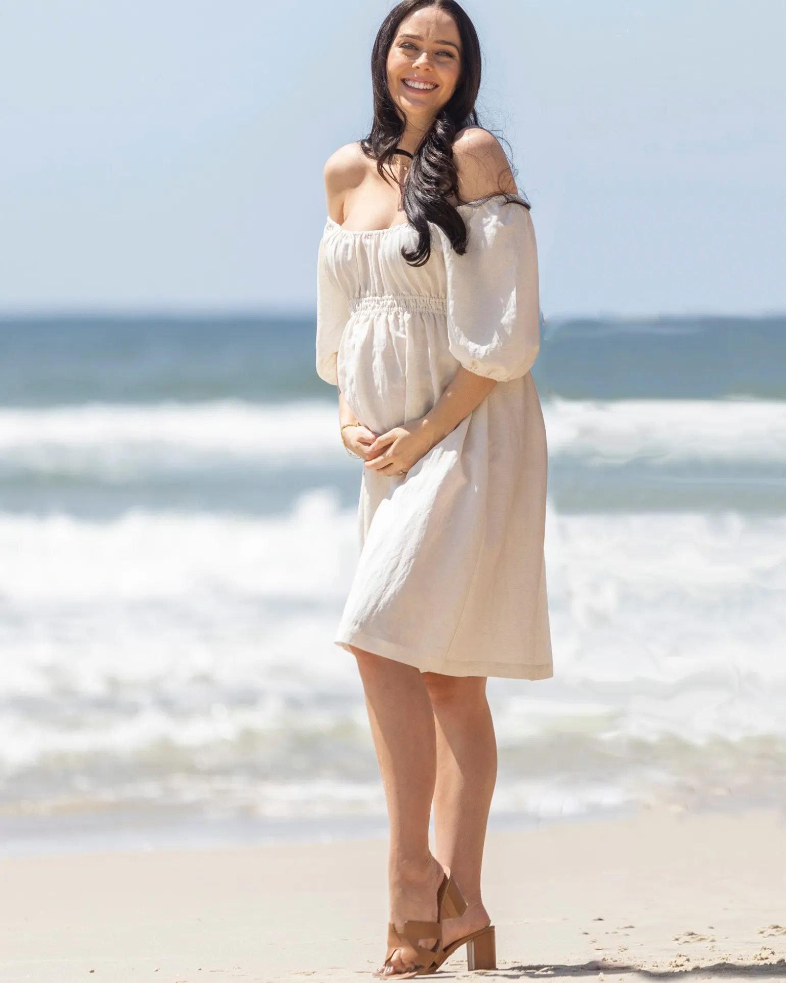 Celeste Maternity Dress in Whispering Almond Linen