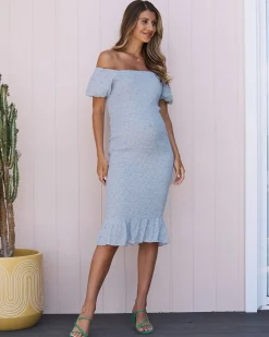 Celine Baby Shower Smock Midi Dress in Blue/Floral
