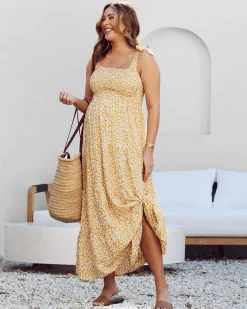 Chelsea Maternity Ruffled Maxi Dress in Yellow Animal Print