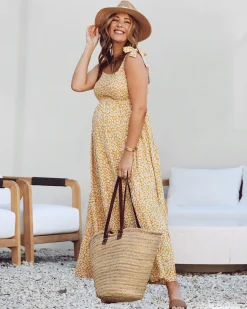 Chelsea Maternity Ruffled Maxi Dress in Yellow Animal Print
