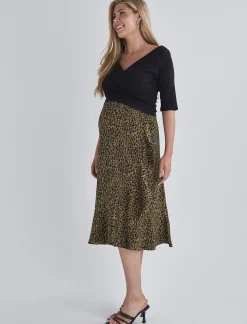Christie Maternity Wrap Midi Skirt in Khaki Leopard Print