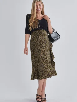 Christie Maternity Wrap Midi Skirt in Khaki Leopard Print