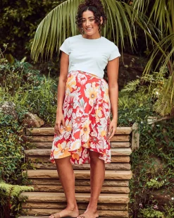 Christie Maternity Wrap Midi Skirt in Red Floral Print