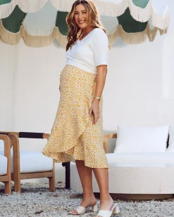 Christie Maternity Wrap Midi Skirt in Yellow Animal Print