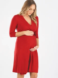 Classic Maternity Wrap Feeding Dress in Red