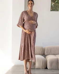 Dana Maternity Maxi Dress in Black Leaf Print