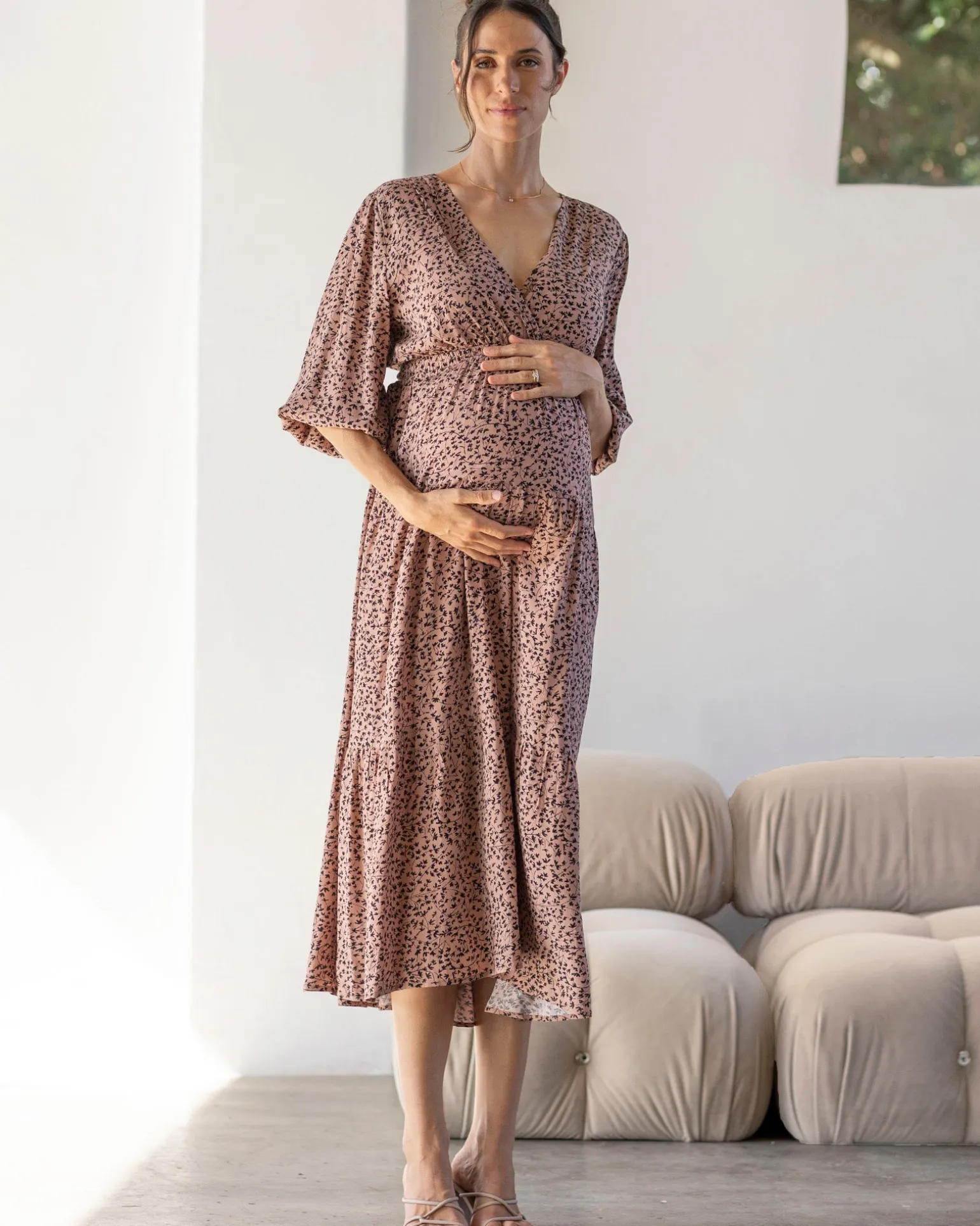 Dana Maternity Maxi Dress in Black Leaf Print