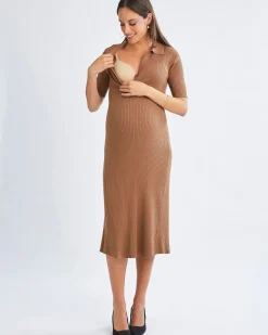 Elegance Knit Maternity Midi Dress in Camel
