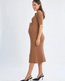 Elegance Knit Maternity Midi Dress in Camel