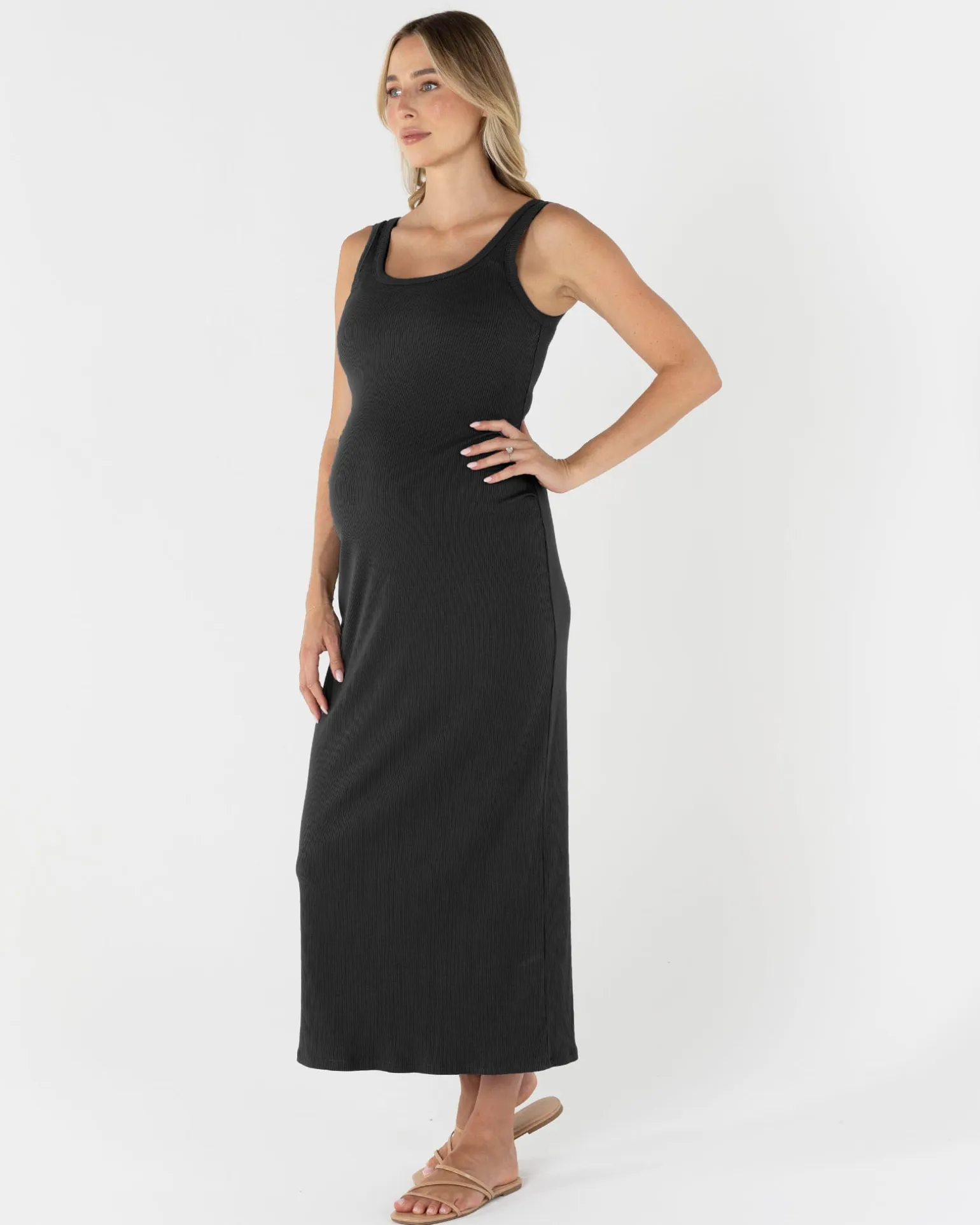 Eliza Maternity Ribbed Tube Midi Dress In Black