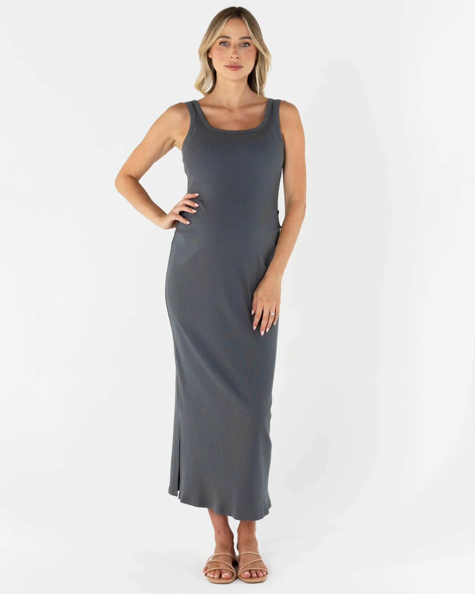 Eliza Maternity Ribbed Tube Midi Dress In Gray