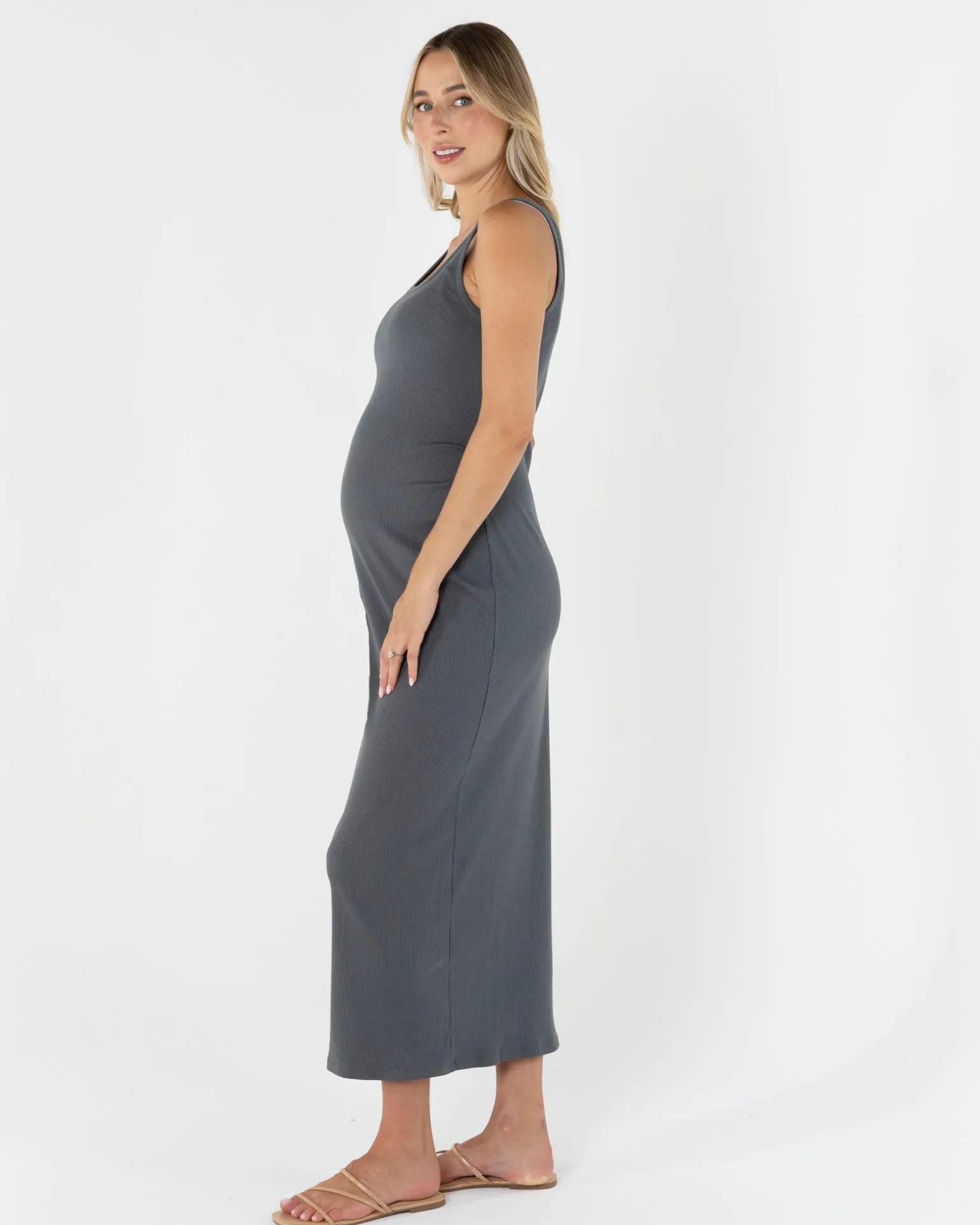 Eliza Maternity Ribbed Tube Midi Dress In Gray