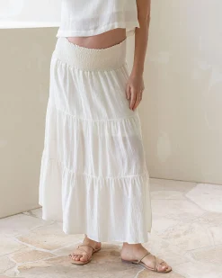 Ellie Maternity Shirred Maxi Skirt in White