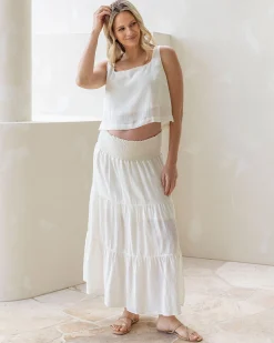 Ellie Maternity Shirred Maxi Skirt in White