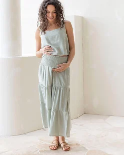 Ellie Maternity Shirred Maxi Skirt in Mint Green