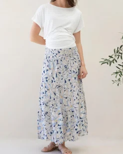 Ellie Maternity Shirred Maxi Dress/Skirt in White/ Navy Floral Print