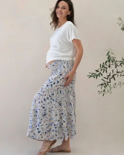 Ellie Maternity Shirred Maxi Dress/Skirt in White/ Navy Floral Print