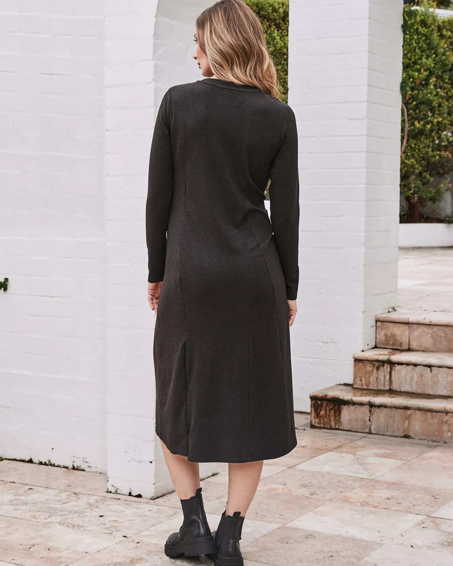 Eloise Maternity Waffle Knit Dress in Charcoal