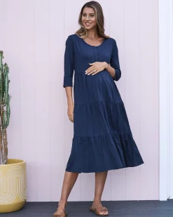 Essential Maternity Tiered Midi Dress in Navy