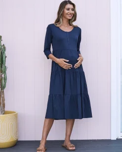 Essential Maternity Tiered Midi Dress in Navy