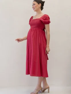 Fabia Reversible Tie Maternity Cotton Dress In Noel Red
