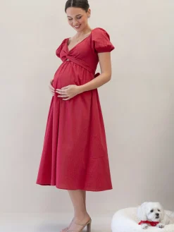Fabia Reversible Tie Maternity Cotton Dress In Noel Red
